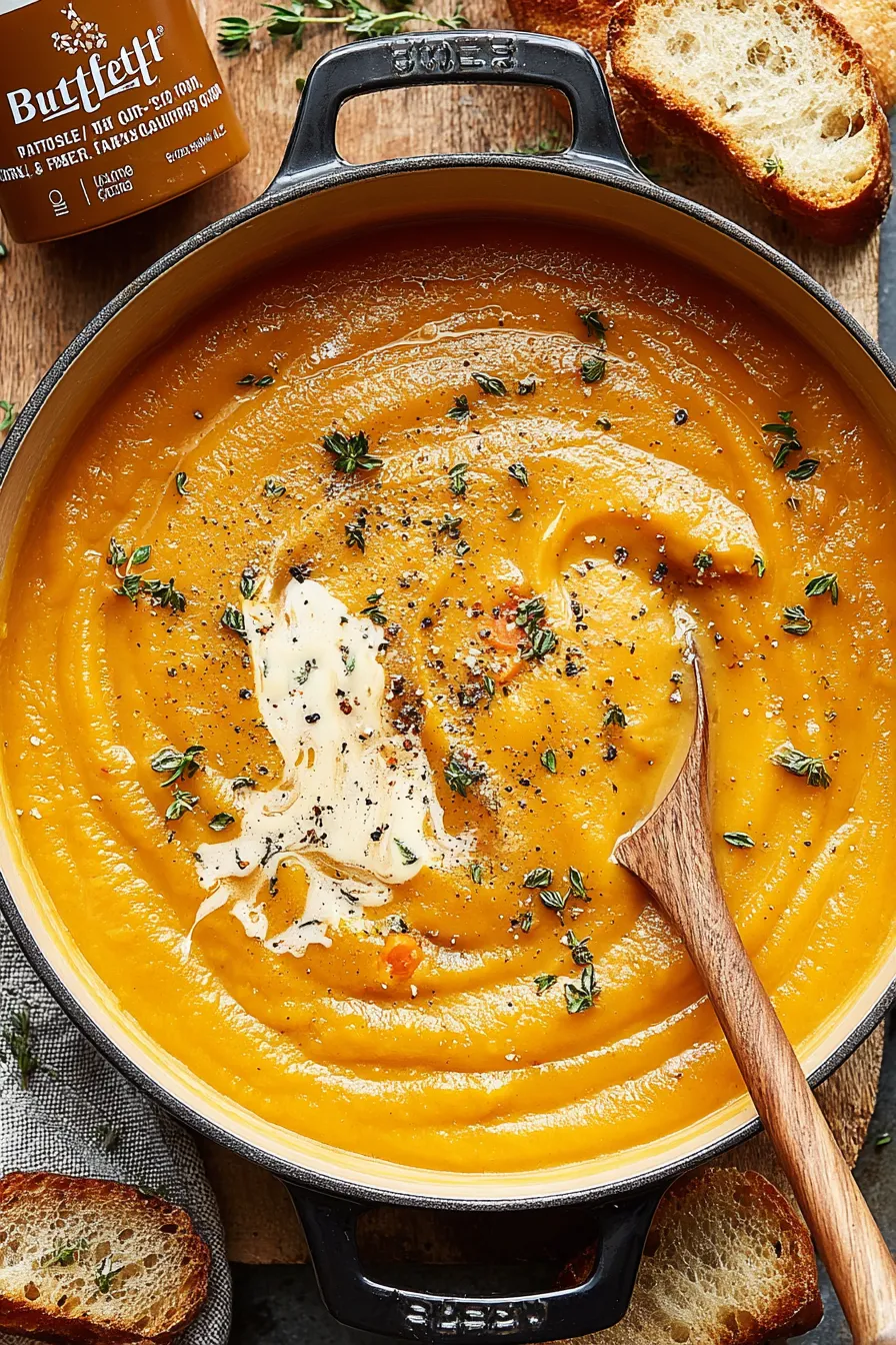 Bowl of creamy butternut squash soup garnished with thyme
