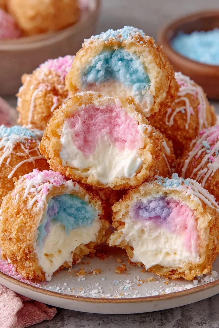 Serving platter of cheesecake bombs with cotton candy garnish