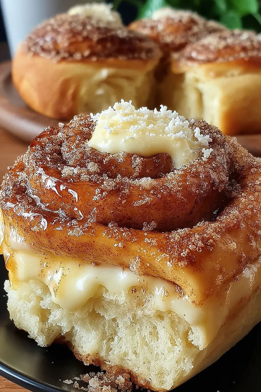 Freshly baked cream cheese cinnamon sugar rolls on a tray