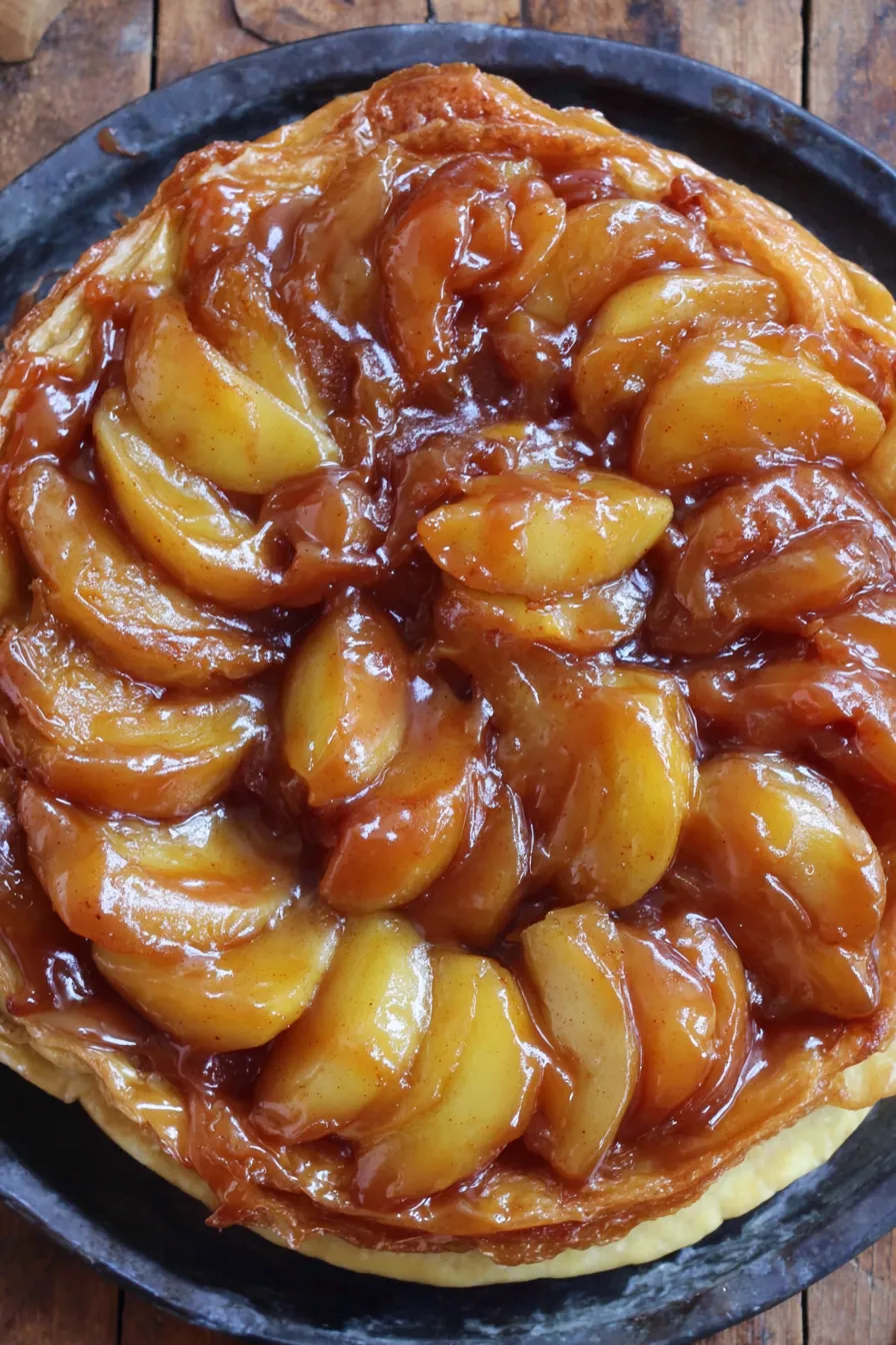 Slice of tarte tatin plated with ice cream