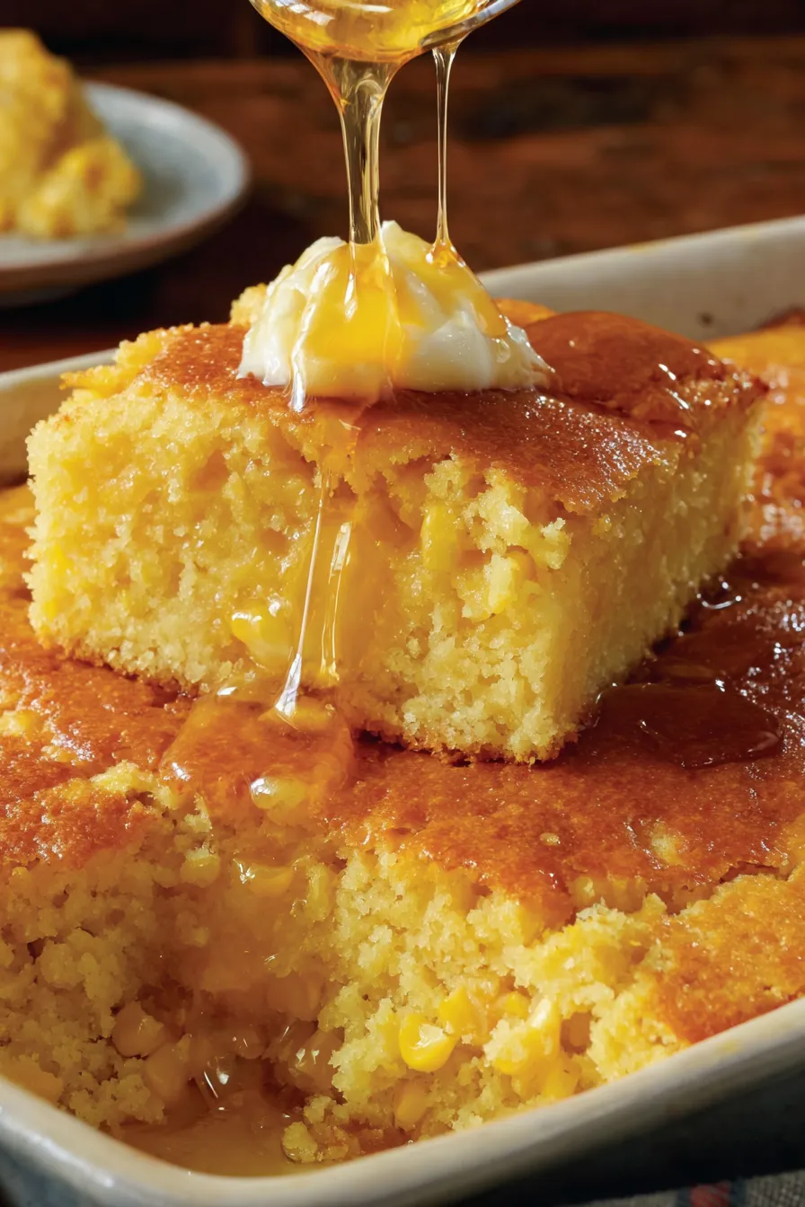 Baked cornbread casserole in square pan with honey drizzle