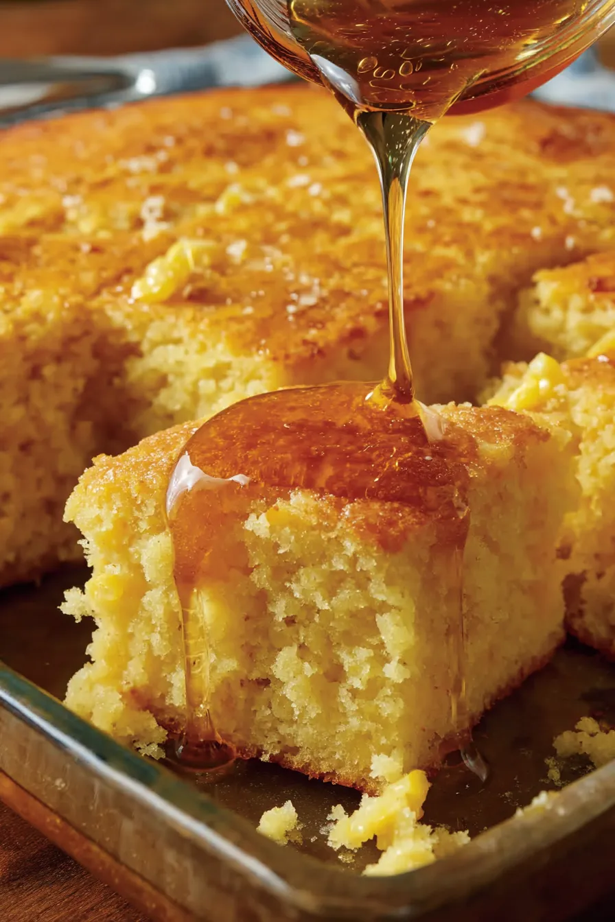 Close-up of crumbly cornbread casserole with golden edges