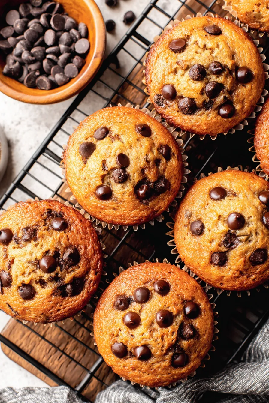 Freshly baked Banana Chocolate Chip Muffins in a muffin pan