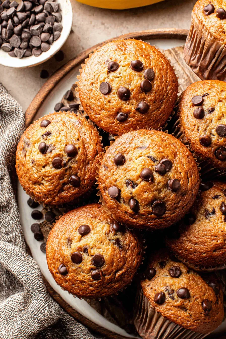 A stack of banana chocolate chip muffins on a cooling rack
