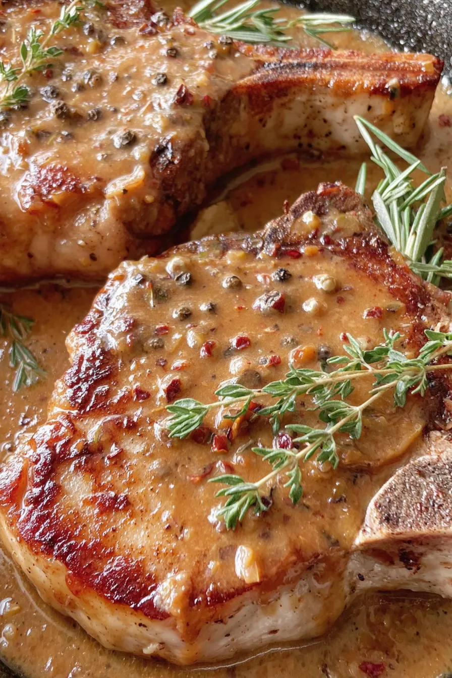 Seared pork chops in skillet with sauce