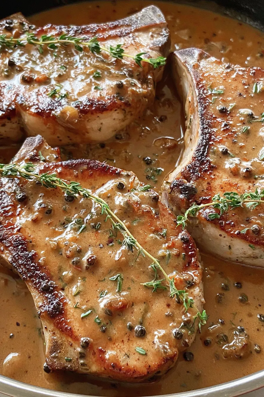 Plated pork chop with peppercorn sauce and sides