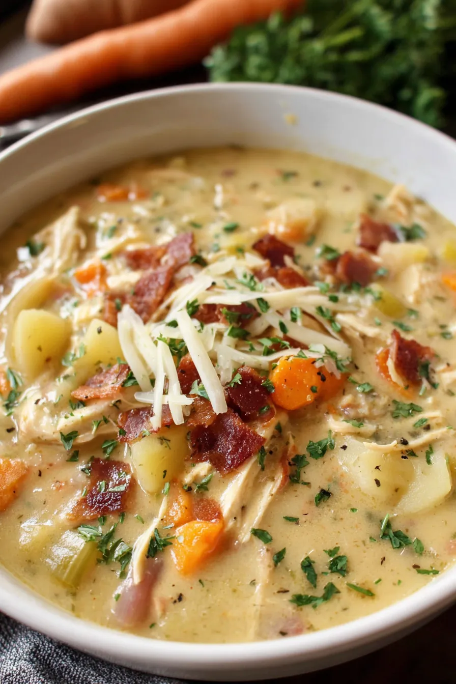 Rendered bowl of chicken potato soup with parsley garnish