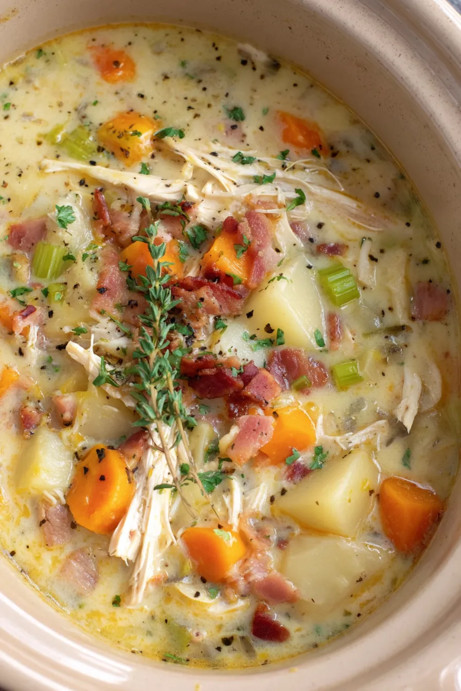Slow cooker filled with chicken potato soup ingredients