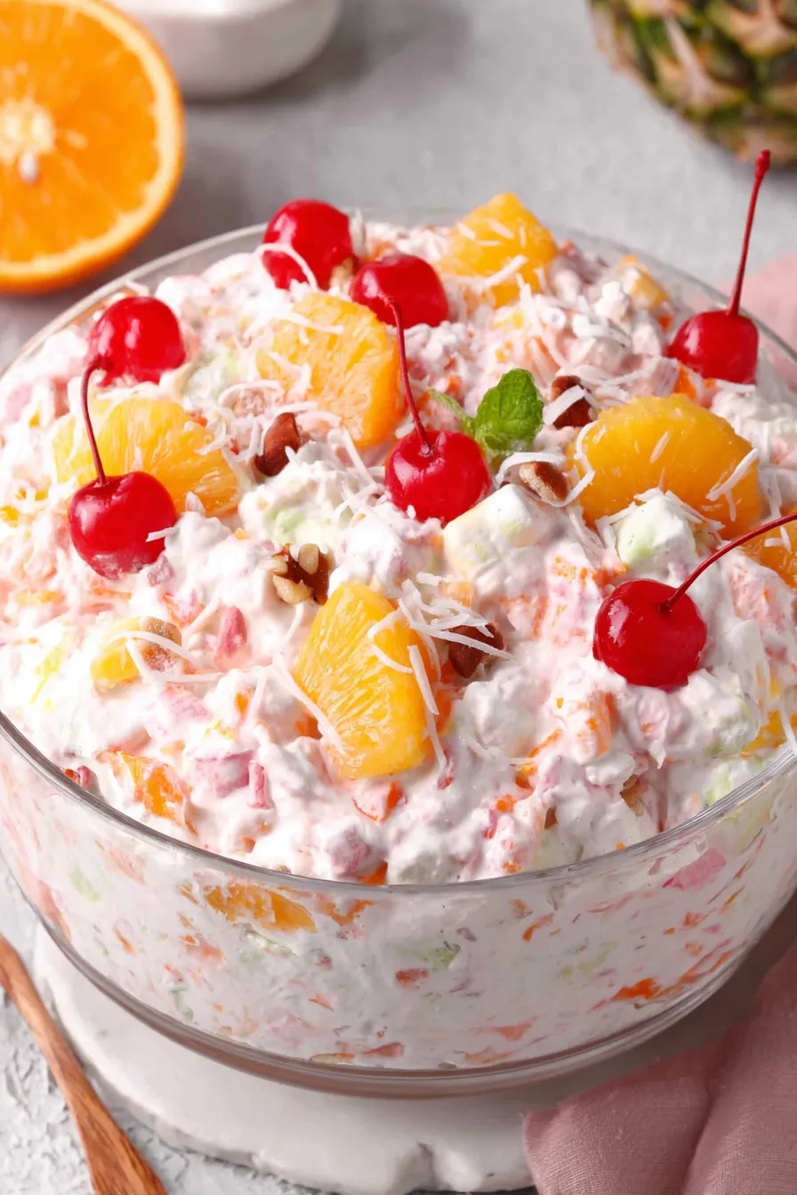 Ambrosia salad in a glass bowl with bright fruit pieces