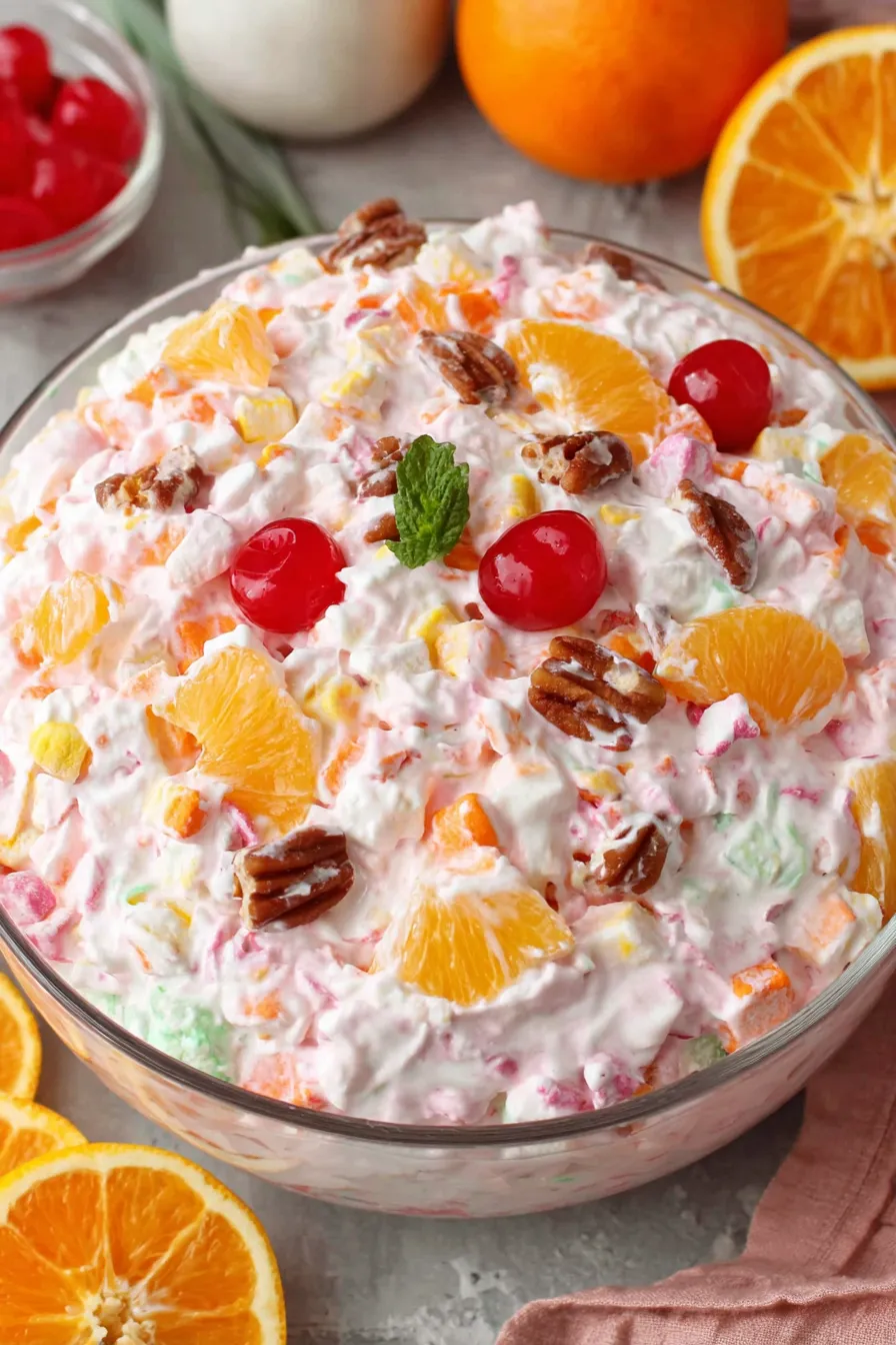 Close up of shredded coconut and marshmallows being folded into whipped topping