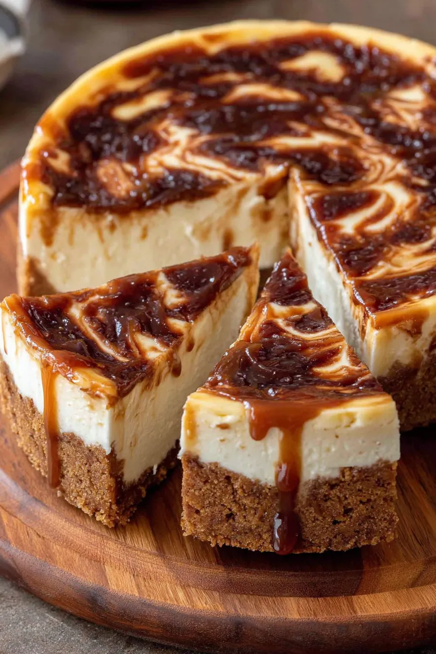 Apple butter cheesecake on a marble board