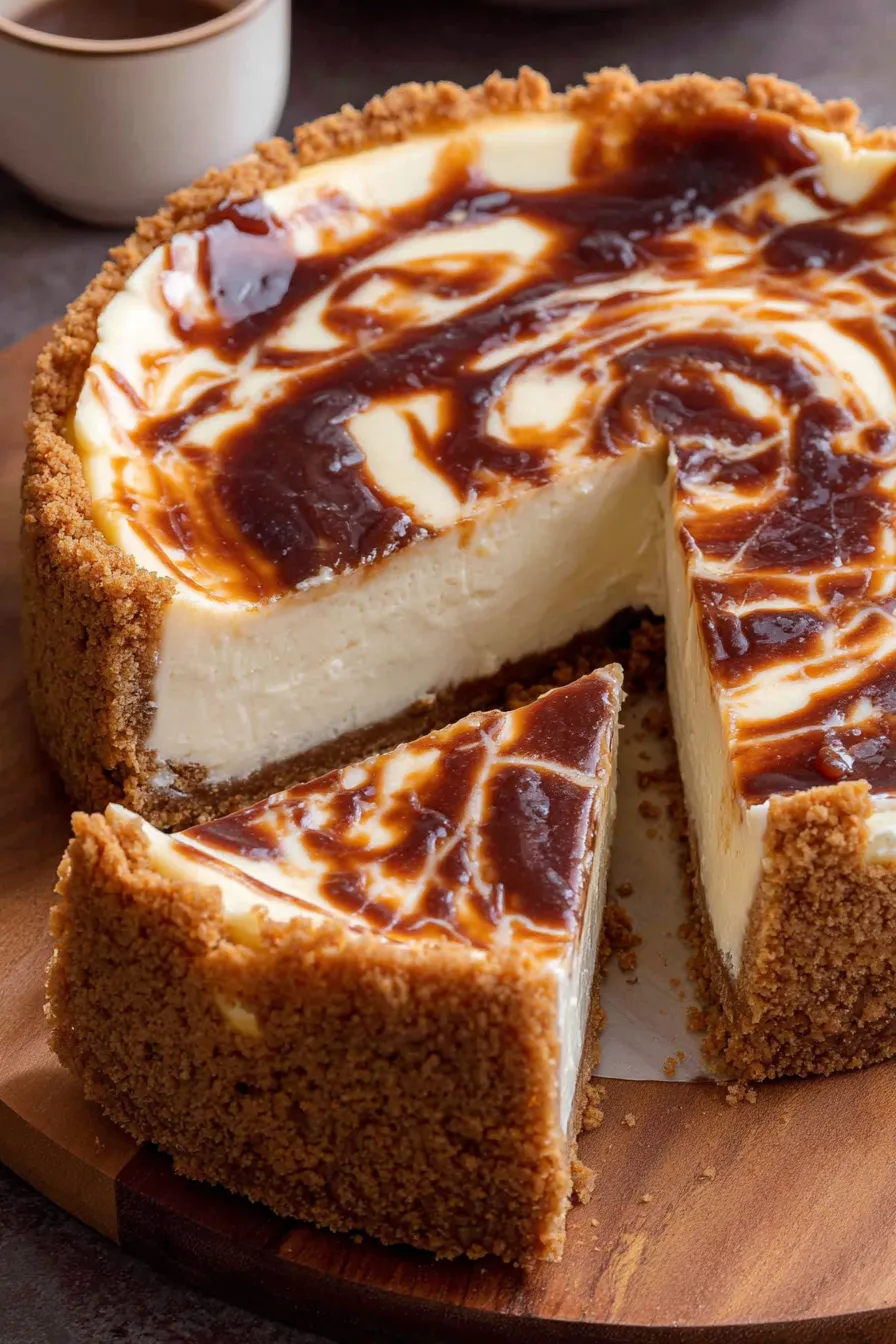 Close up of marbled apple butter swirl on cheesecake
