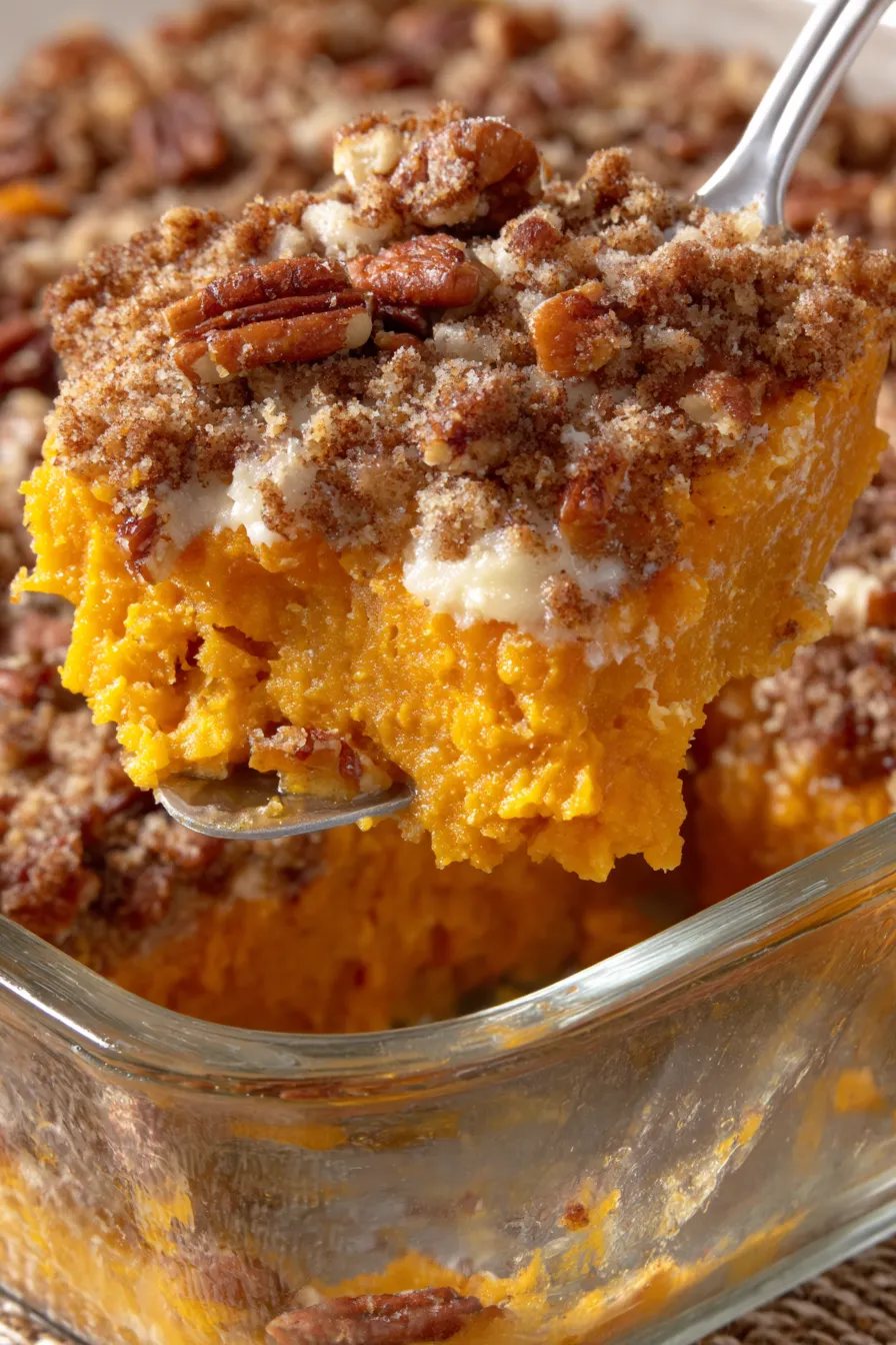 Golden streusel topping on sweet potato casserole