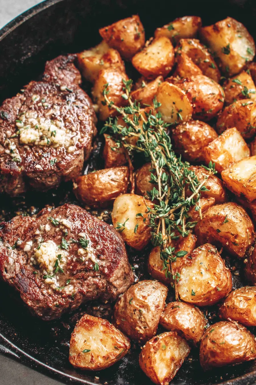 Seared steaks and golden potatoes in a cast iron skillet