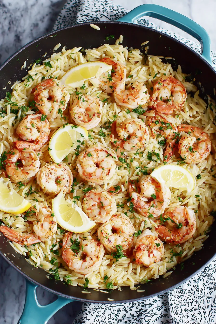 Shrimp scampi with orzo in a skillet