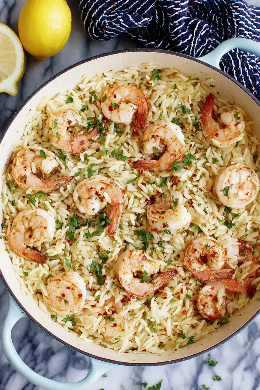 Close-up of orzo and shrimp with lemon