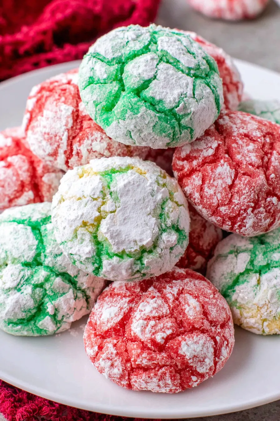 Tray of red and green crinkle cookies on parchment