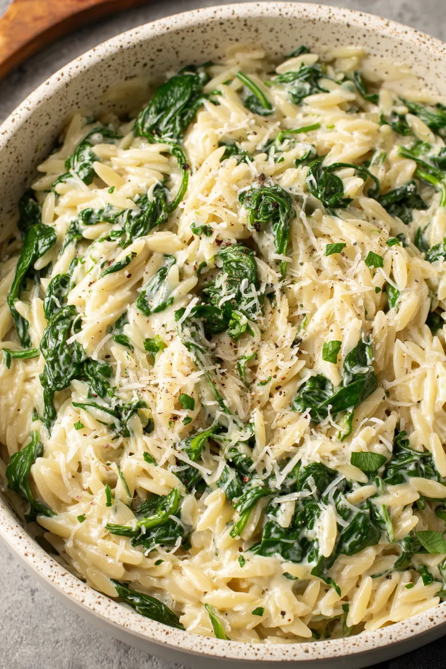 Creamy garlic spinach orzo simmering in pot