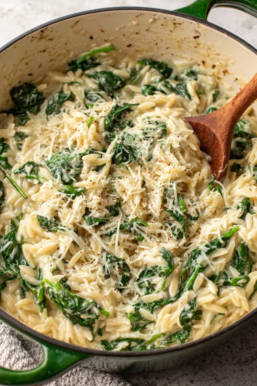 Bowl of creamy parmesan spinach orzo with cracked pepper