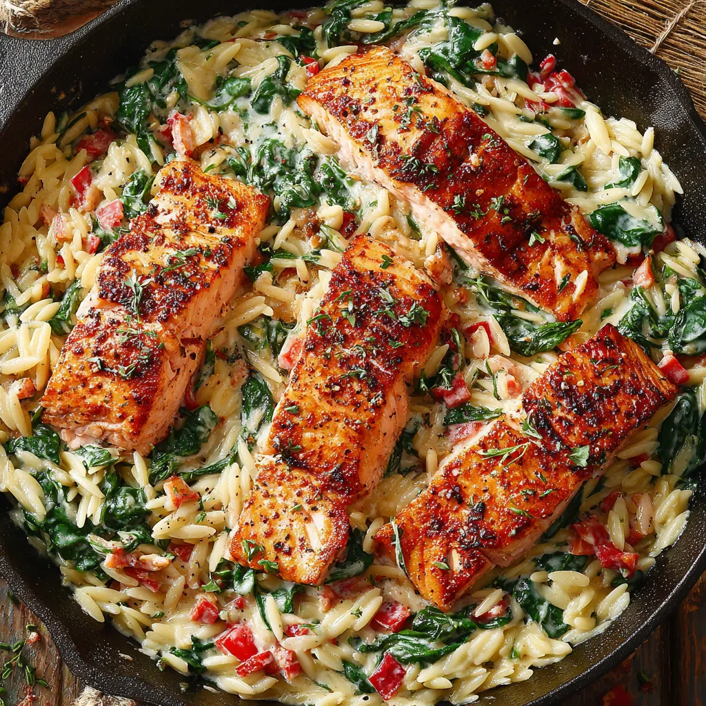 Pan-Seared Salmon with Creamy Spinach Orzo