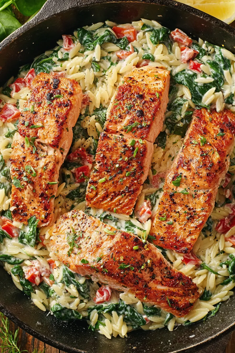 Seared salmon over creamy spinach orzo in skillet