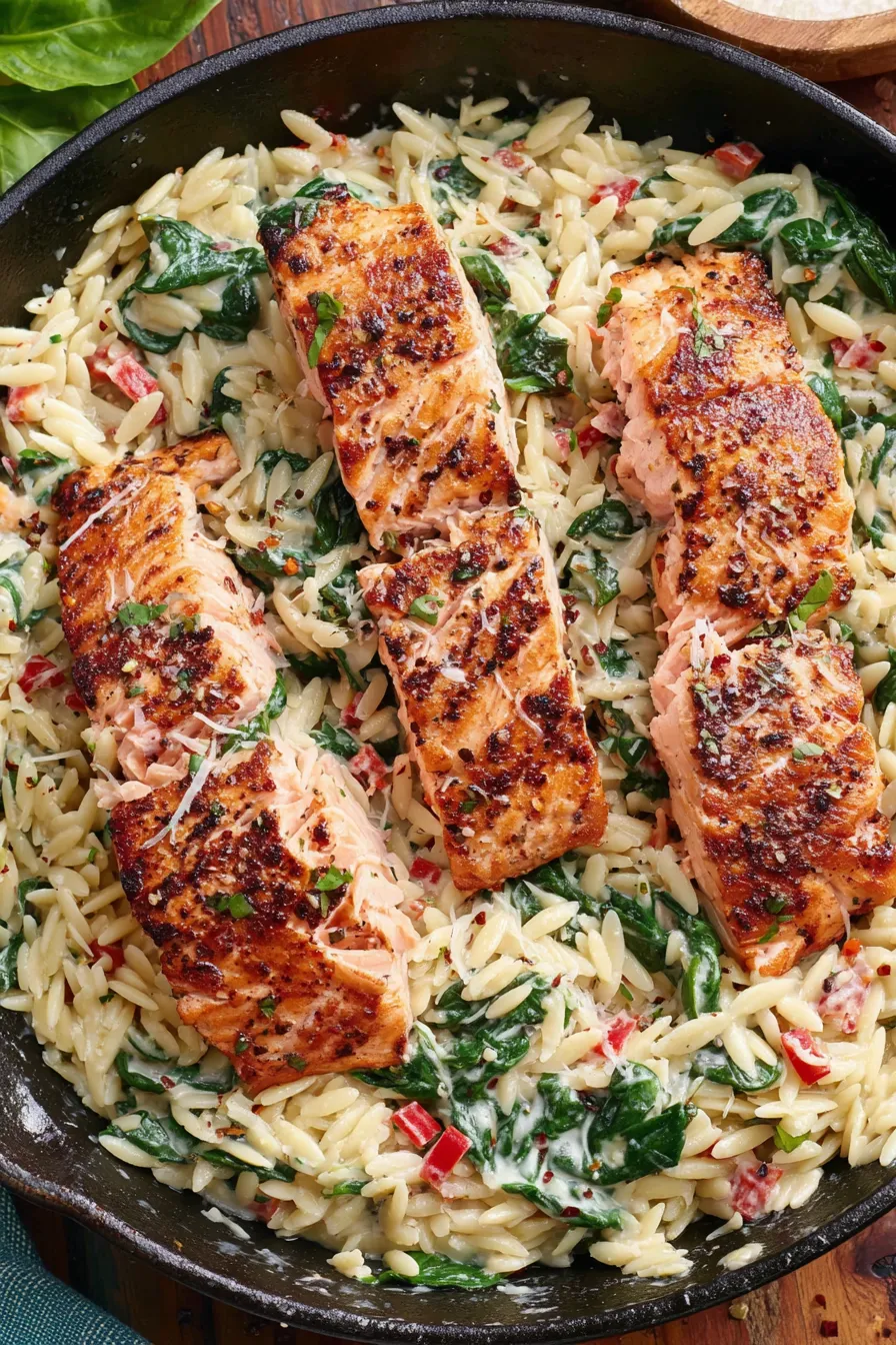 Close-up of creamy orzo with roasted red pepper and wilted spinach