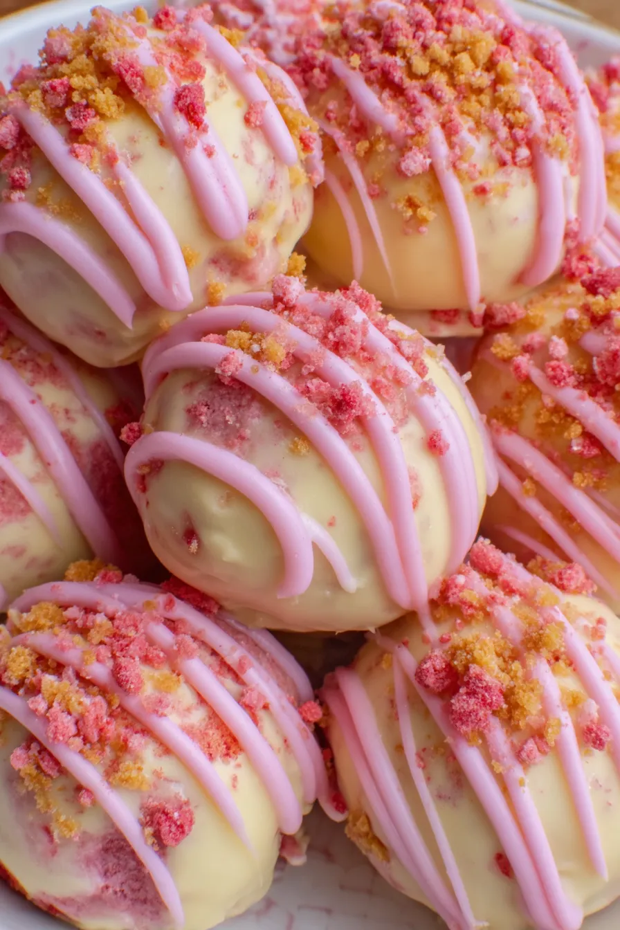 Strawberry shortcake cheesecake truffles dipped in pink chocolate
