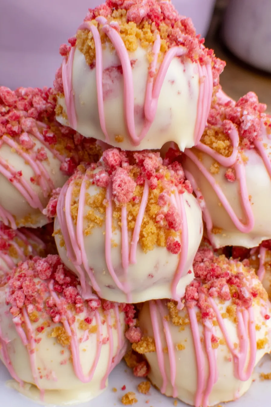 Tray of strawberry shortcake truffles with crumbs