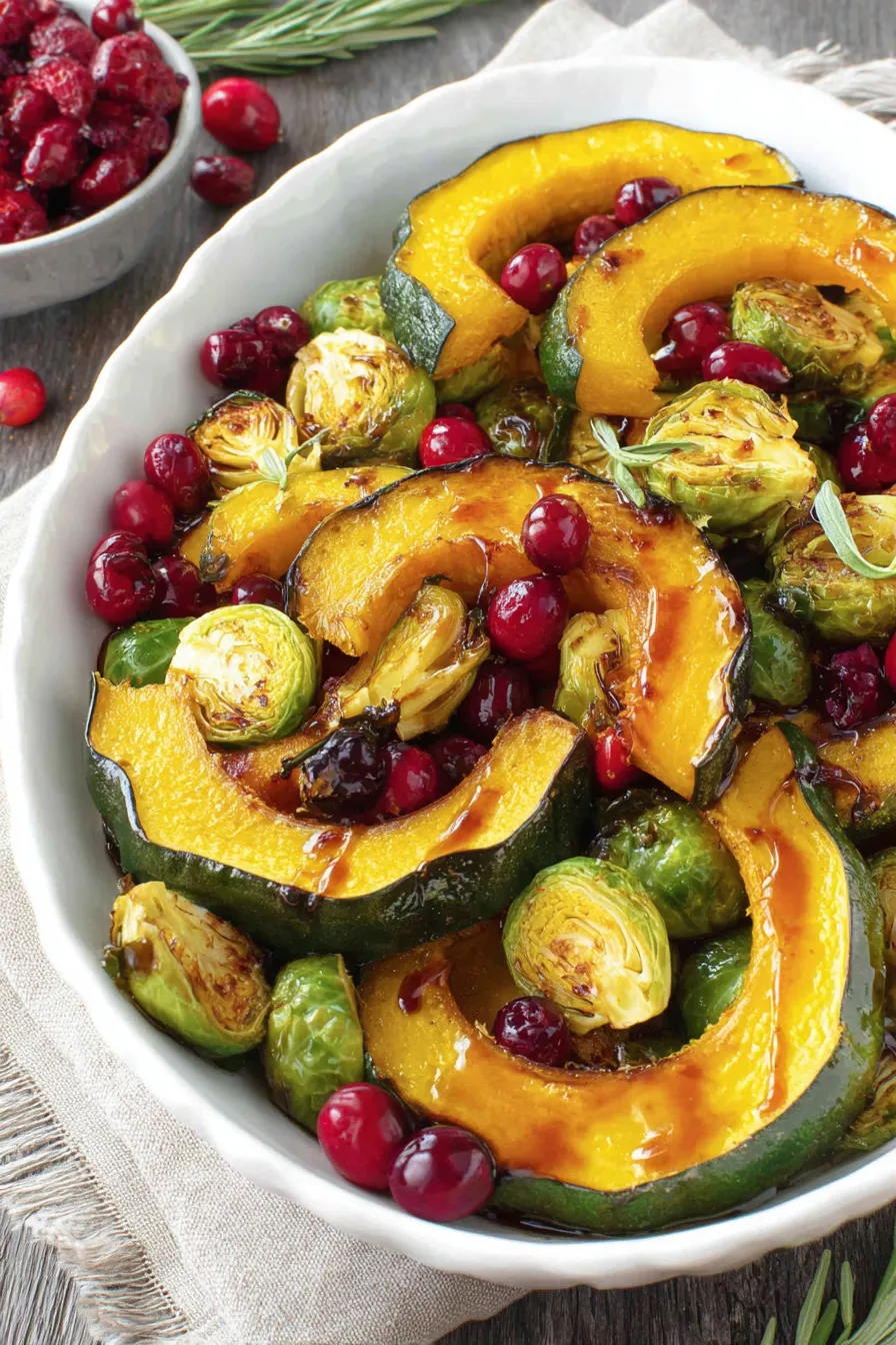 Honey Balsamic Roasted Acorn Squash and Brussels Sprouts on baking sheet