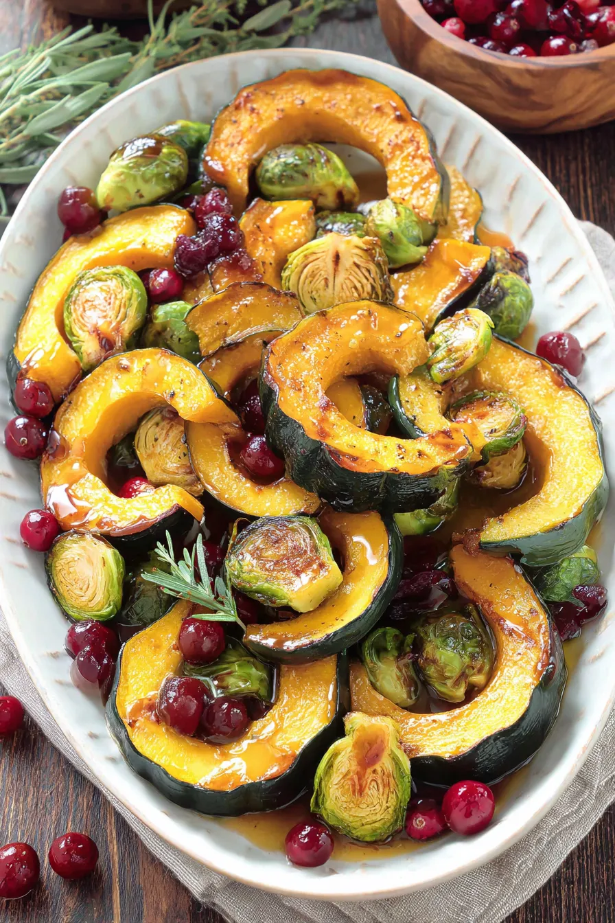 Close up of glazed squash and Brussels sprouts with cranberries