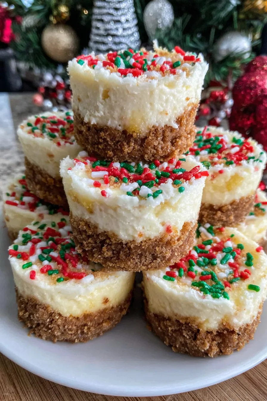 Close-up of a mini cheesecake topped with red and green sprinkles