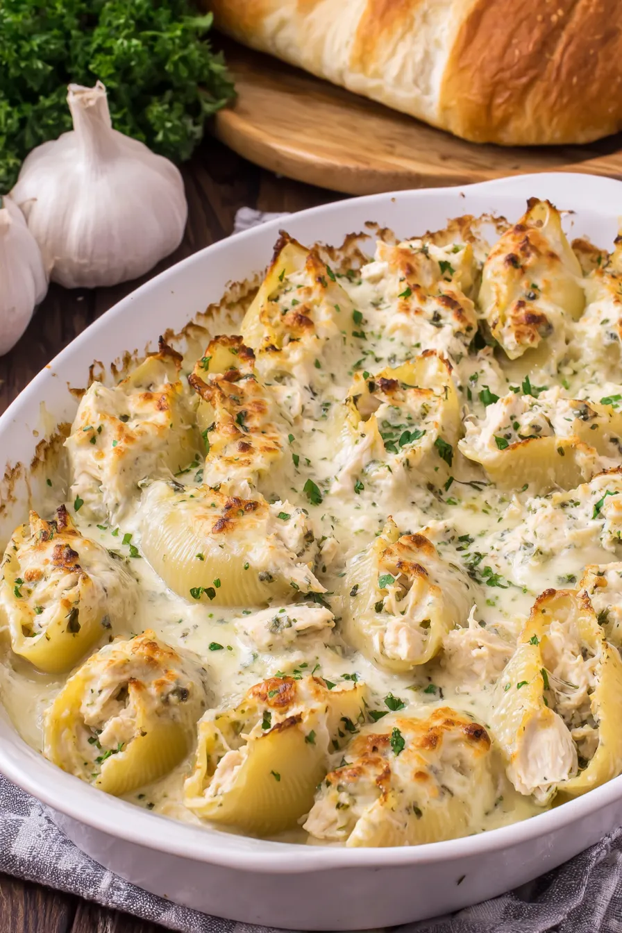 Baked chicken Alfredo stuffed shells in a casserole dish