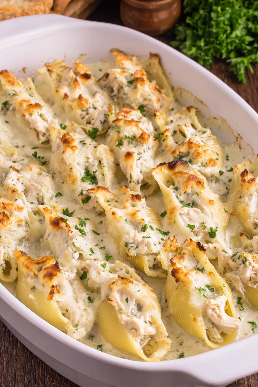 Close up of stuffed shell filled with creamy chicken and cheese