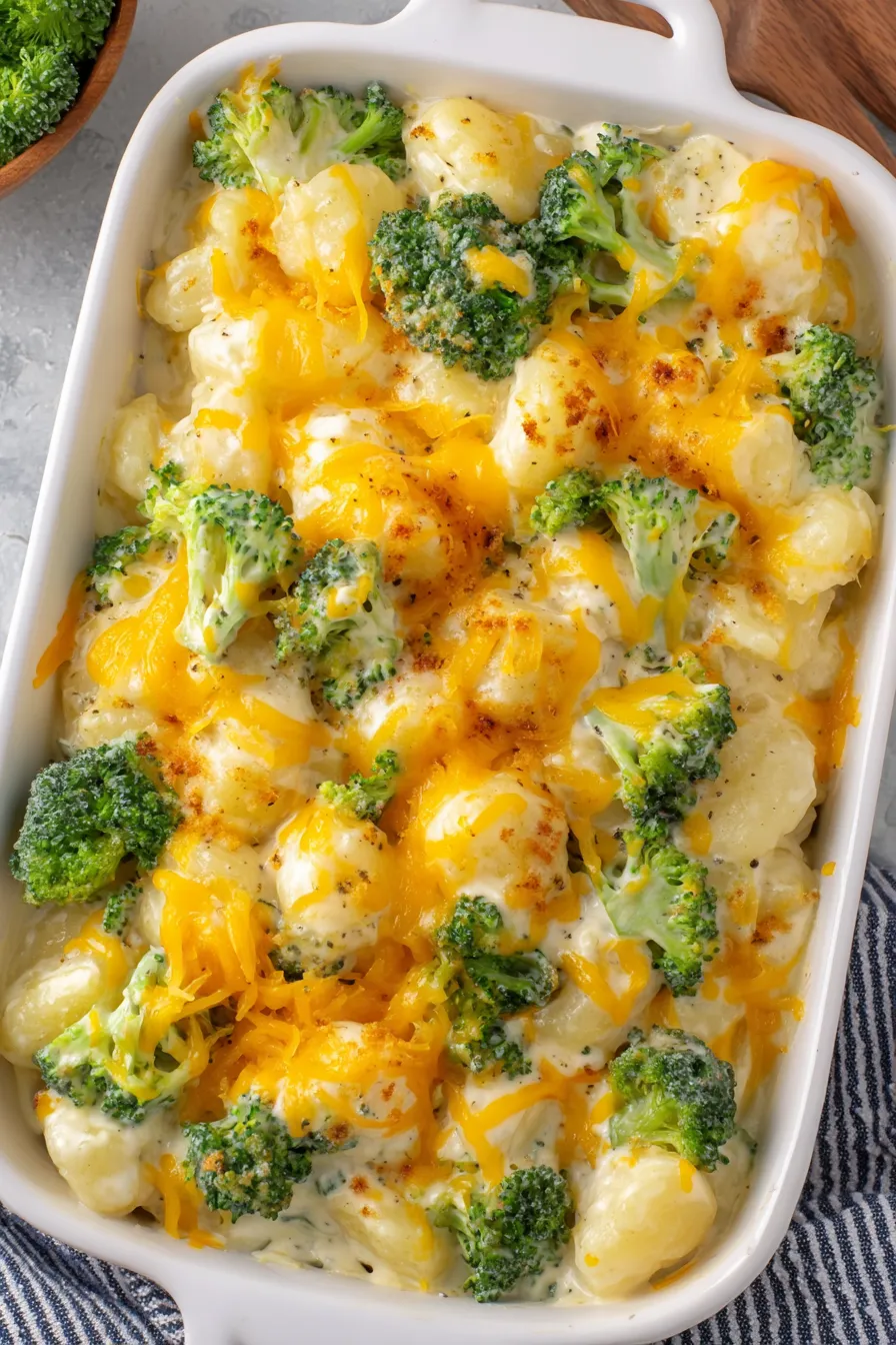 Close up of cheesy broccoli and potato casserole