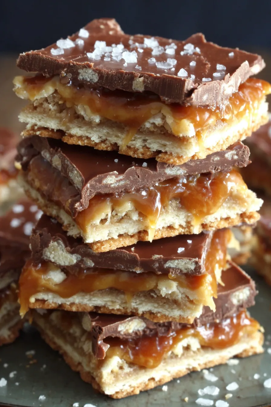 Top view of salted caramel cracker bars set in pan