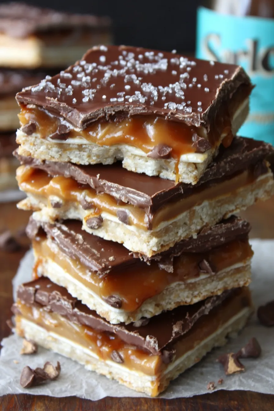 Close-up of a salted caramel cracker bar with a glossy topping