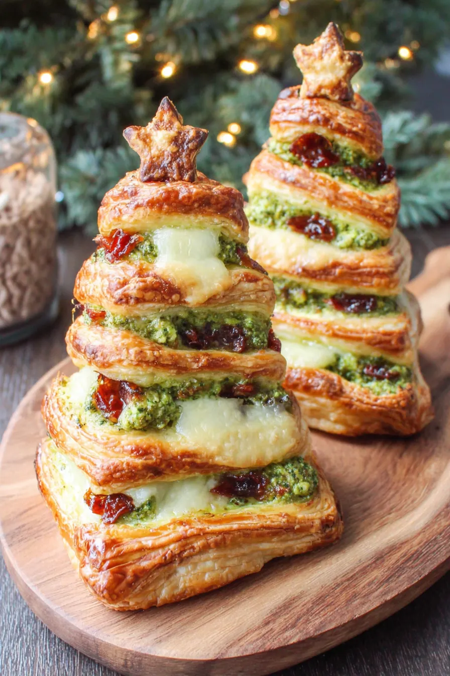 Baked pesto puff pastry Christmas trees on tray