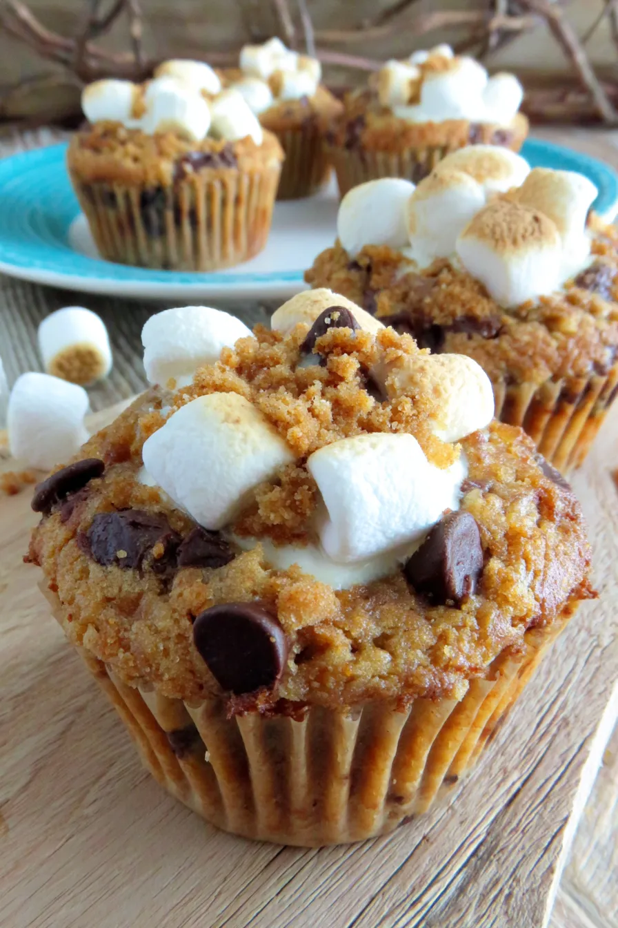 Close-up of a muffin showing gooey marshmallow and chocolate