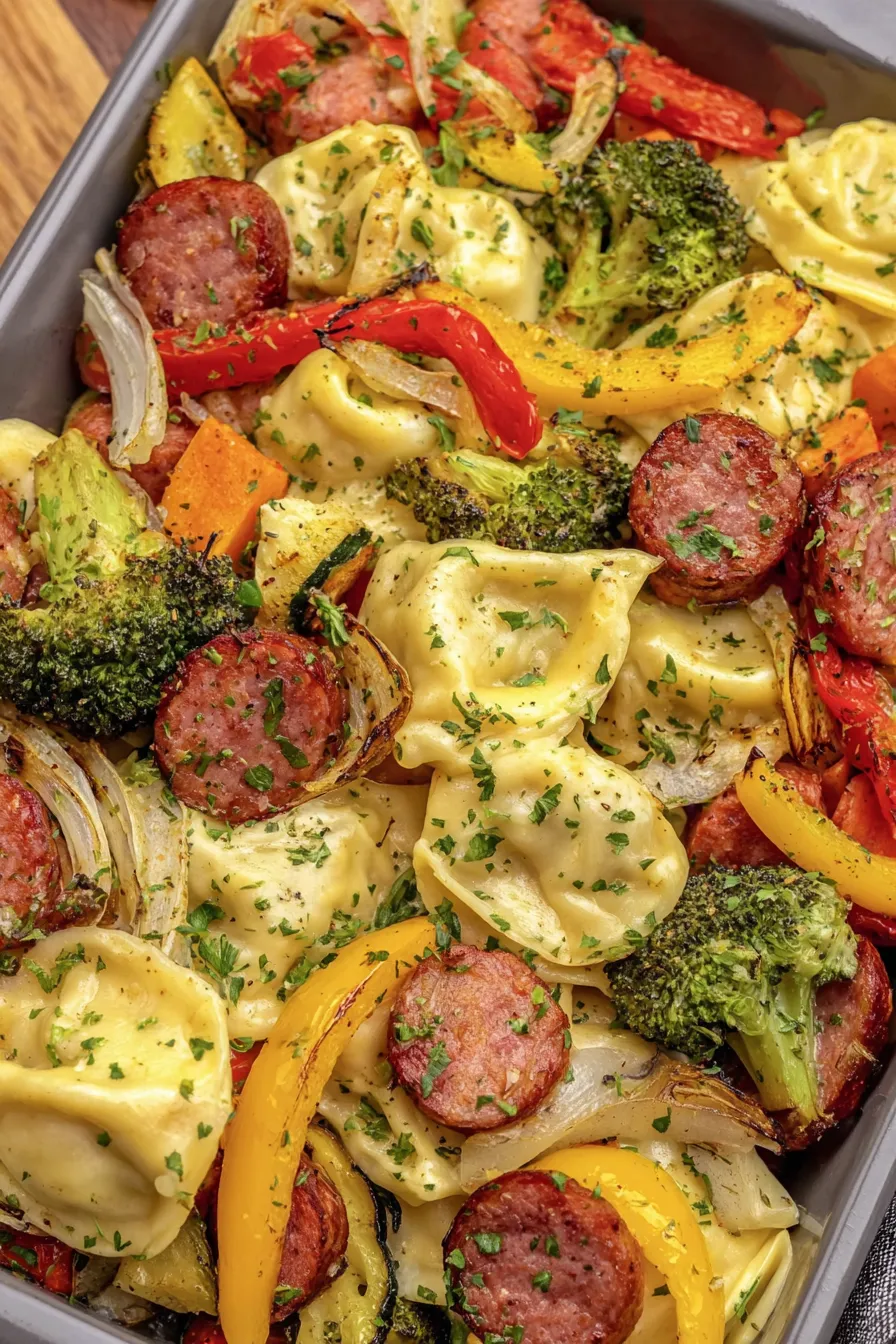 Sheet pan with pierogies kielbasa and vegetables