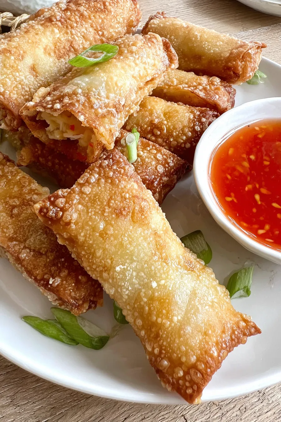 Golden fried crab rangoon egg rolls on a plate