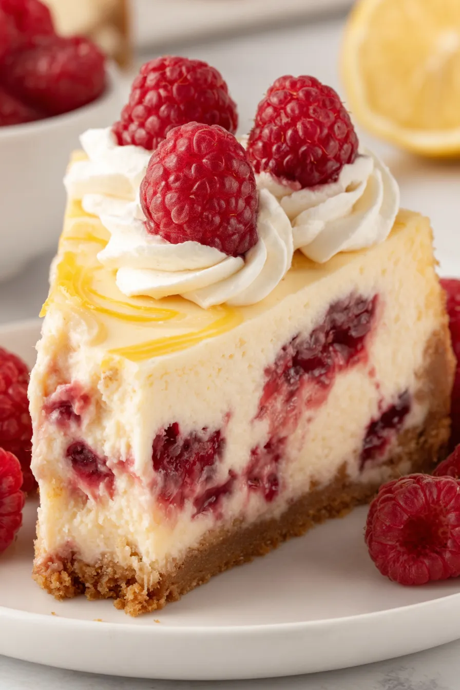 Lemon raspberry cheesecake with swirls and garnish