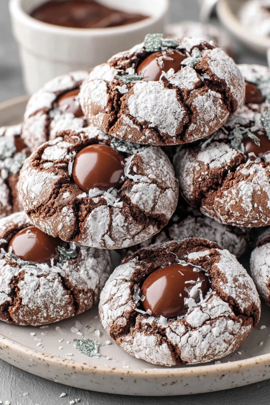 A tray of Chocolate Puddles cooling, each crowned with a glossy Hershey's Kiss puddle