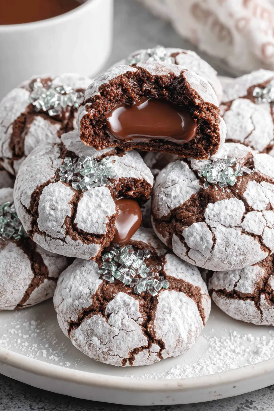 Close-up of a single Chocolate Puddle cookie with shiny melted center