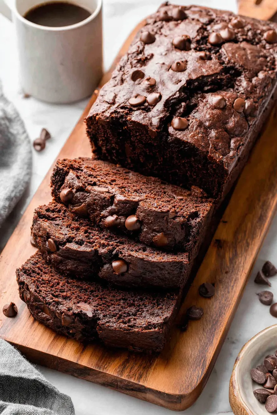 Sliced double chocolate banana loaf on a cooling rack