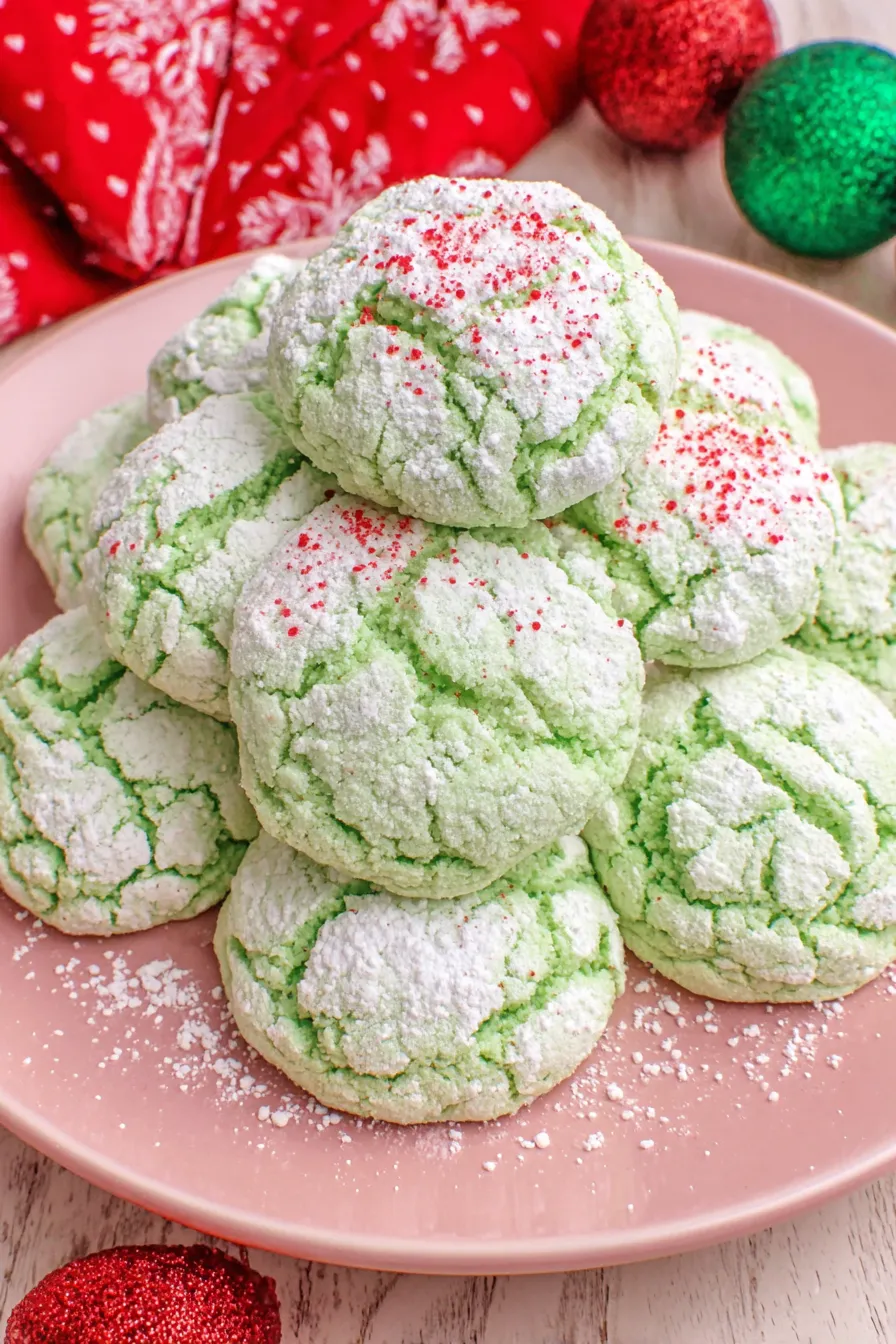 Close up of a Grinch Cookie with powdered sugar coating and red heart