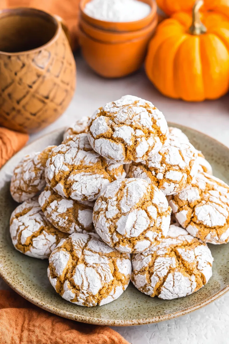 Pumpkin crinkle cookies on parchment with powdered sugar