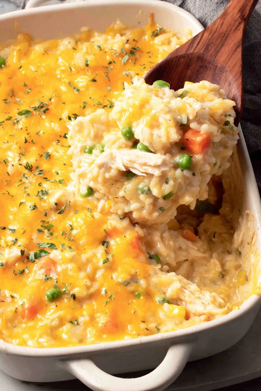 Bubbly chicken and rice casserole fresh from the oven