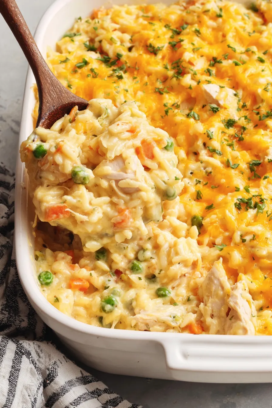 Close-up of cheesy chicken and rice portion with scallions