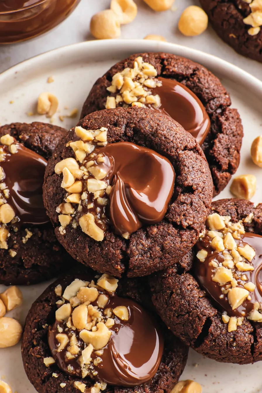 Chocolate hazelnut thumbprint cookies on a wire rack