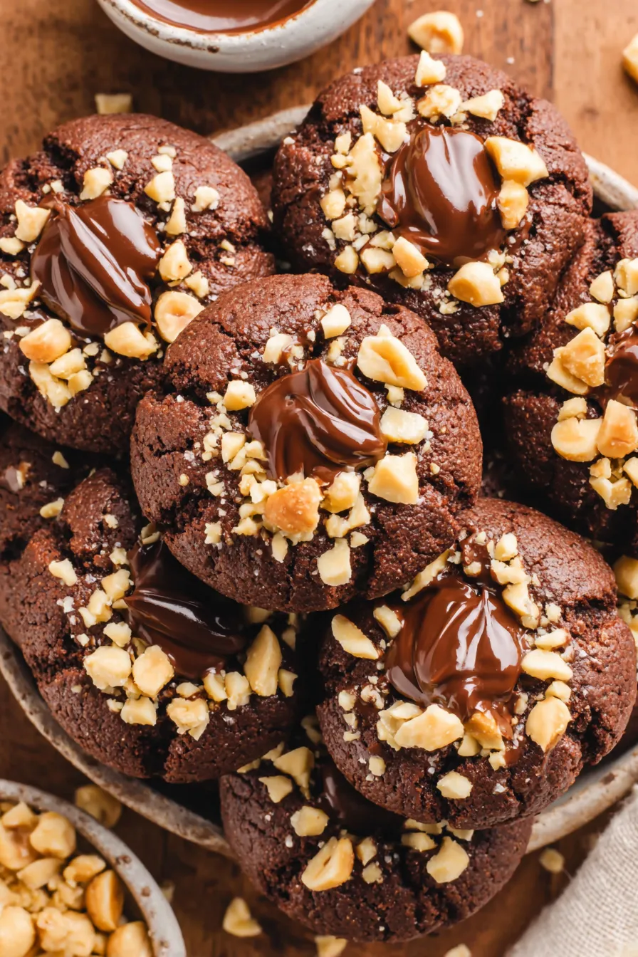 Close up of a thumbprint cookie with Nutella filling
